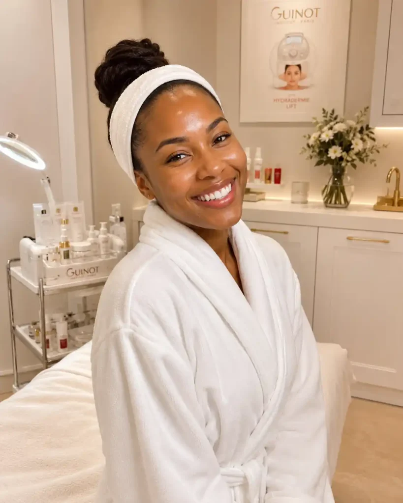 Happy Black woman with glowing skin smiling after a professional facial treatment in a bright, luxurious skincare studio.