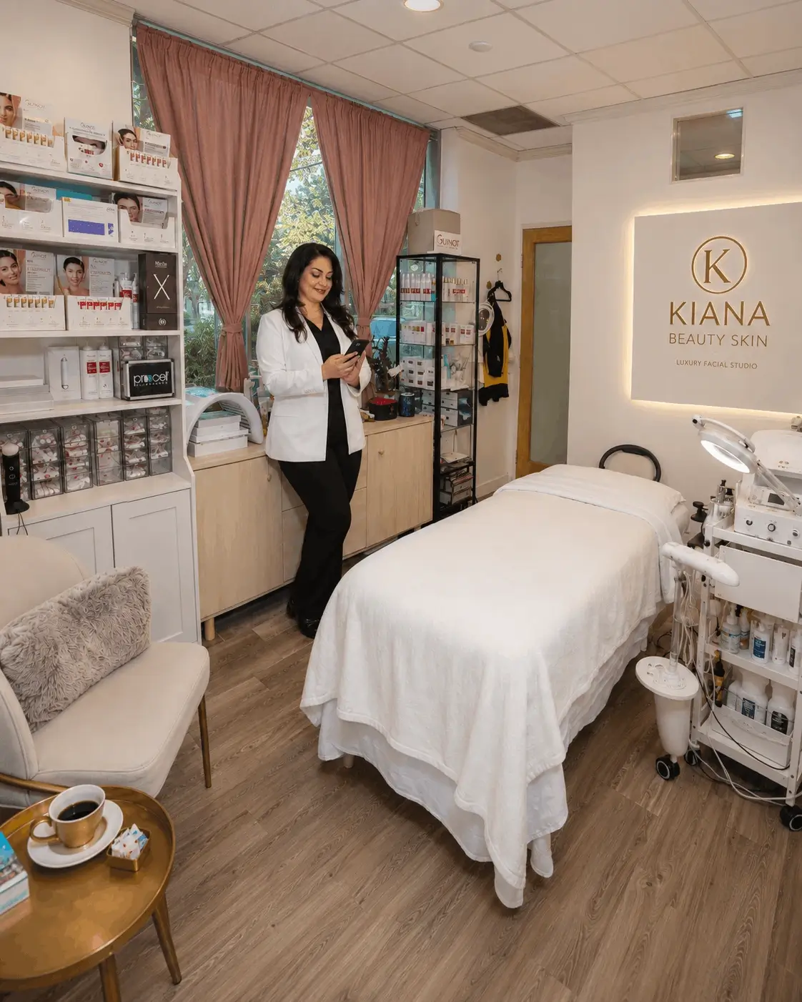 Kiana inside her private facial studio in Aliso Viejo, featuring a facial treatment bed, professional skincare equipment, and Guinot products.