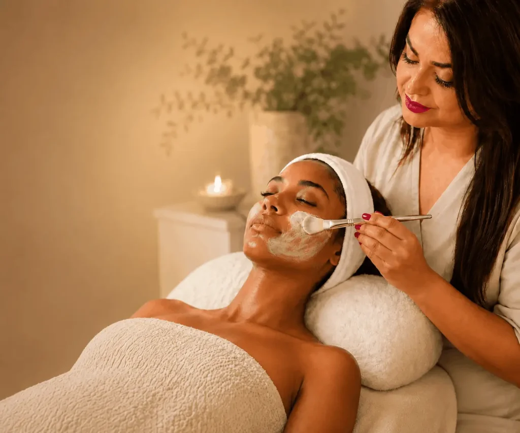 Kiana, a licensed esthetician, applying a facial mask to a client during a luxury facial treatment in Aliso Viejo.