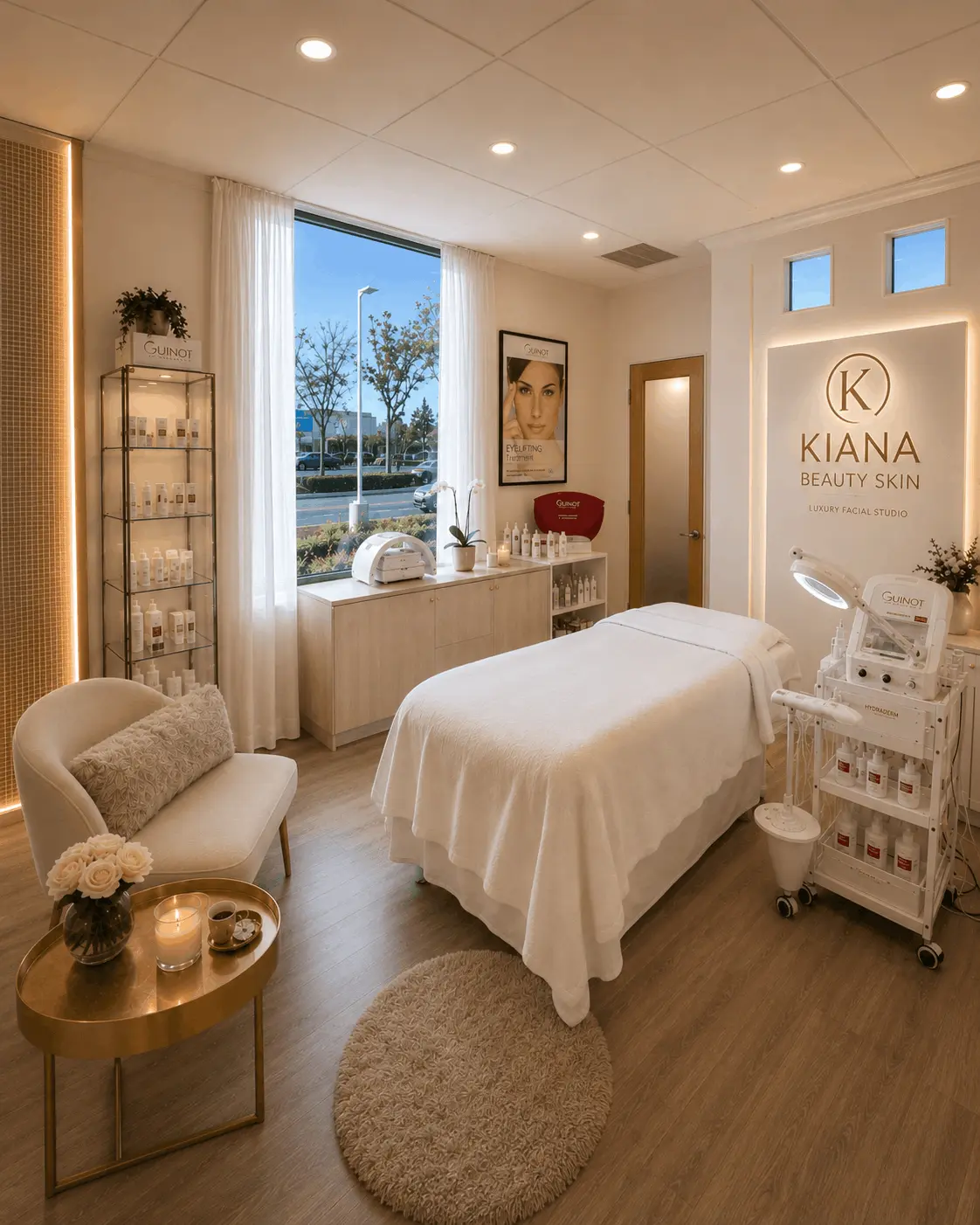 Luxury facial treatment room at Kiana Beauty Skin in Aliso Viejo, California, featuring professional Guinot skincare equipment.