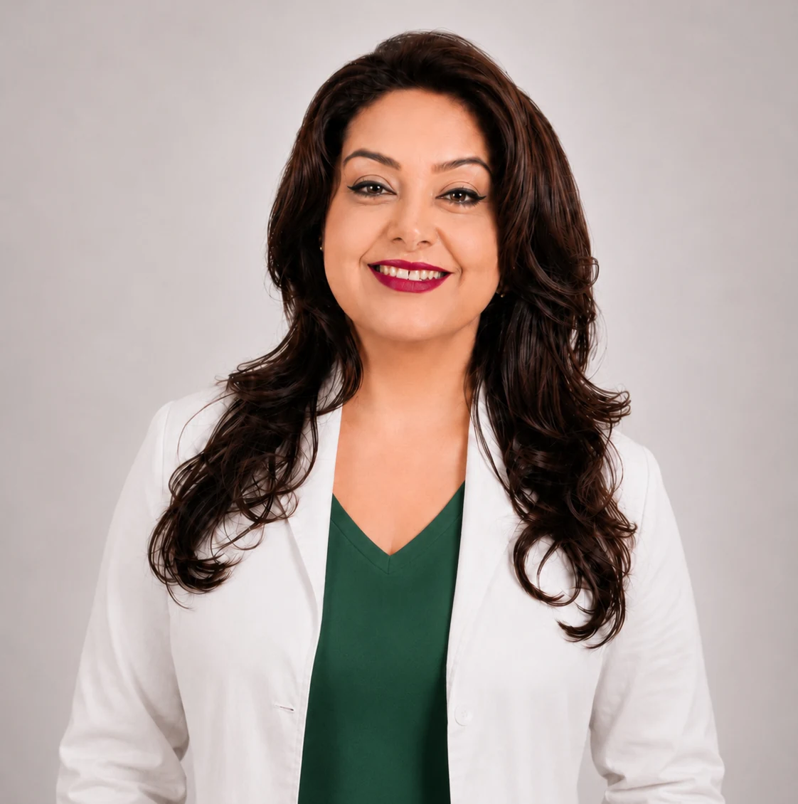 Professional portrait of Kiana, an esthetician wearing a white coat over a green scrub top, smiling against a light gray studio background.